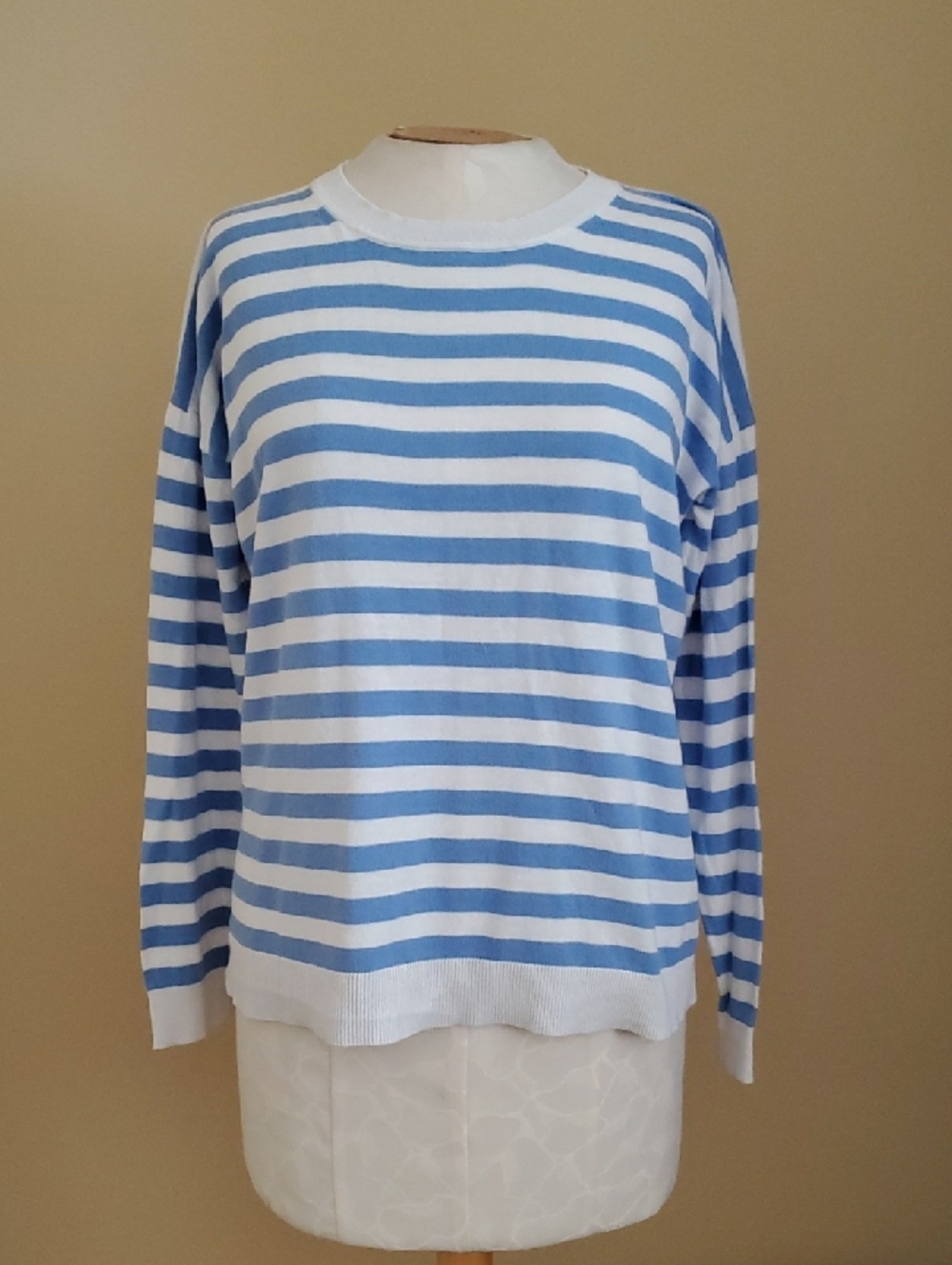 J. Crew Light Blue and White Striped Crewneck Sweater